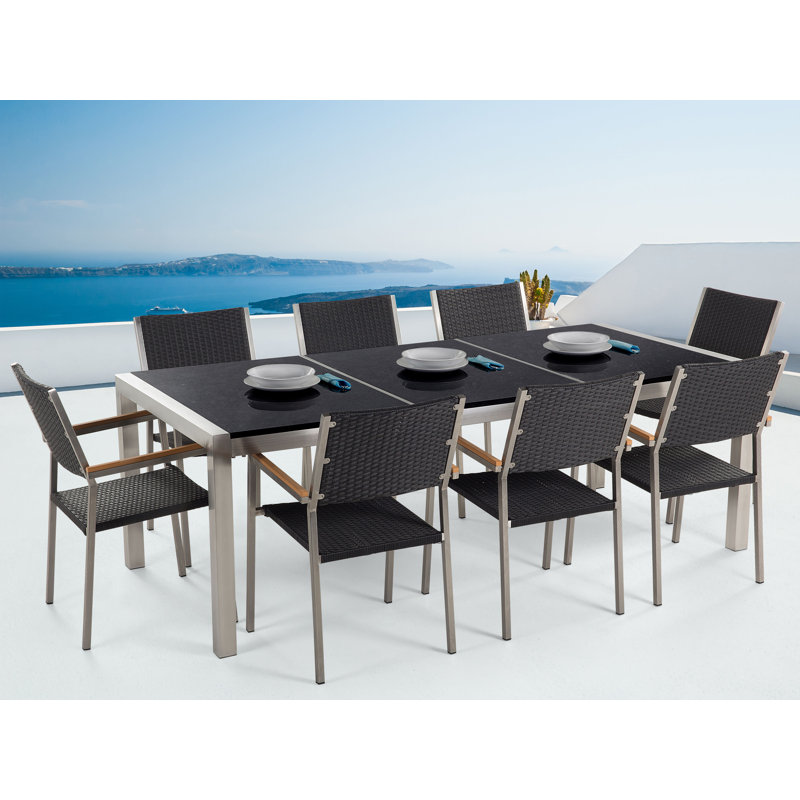 Dolder 8 - Person Wicker Patio Dining Set with Rectangular Table, Black Polish