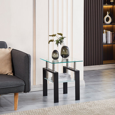 2 Tempered Glass Storage Side Table - Living Room, Bedroom, Office For Compact Areas 2-Layer Transparent End With For Office, Small Area