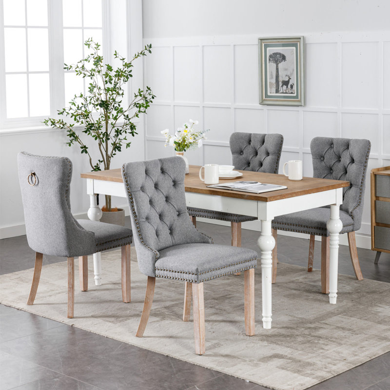 Allena Tufted Chairs Upholstered Chairs with Solid Wood Frame Nailhead Back and Ring Pull Trim , Linen Blend Gray, Light Wood