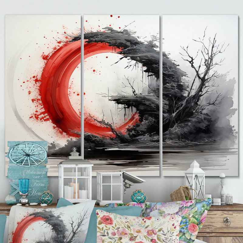 " Red Black Buddhist Art Enso Enlightenment " 3 - Pieces, 28" H x 36" W x 1" D
