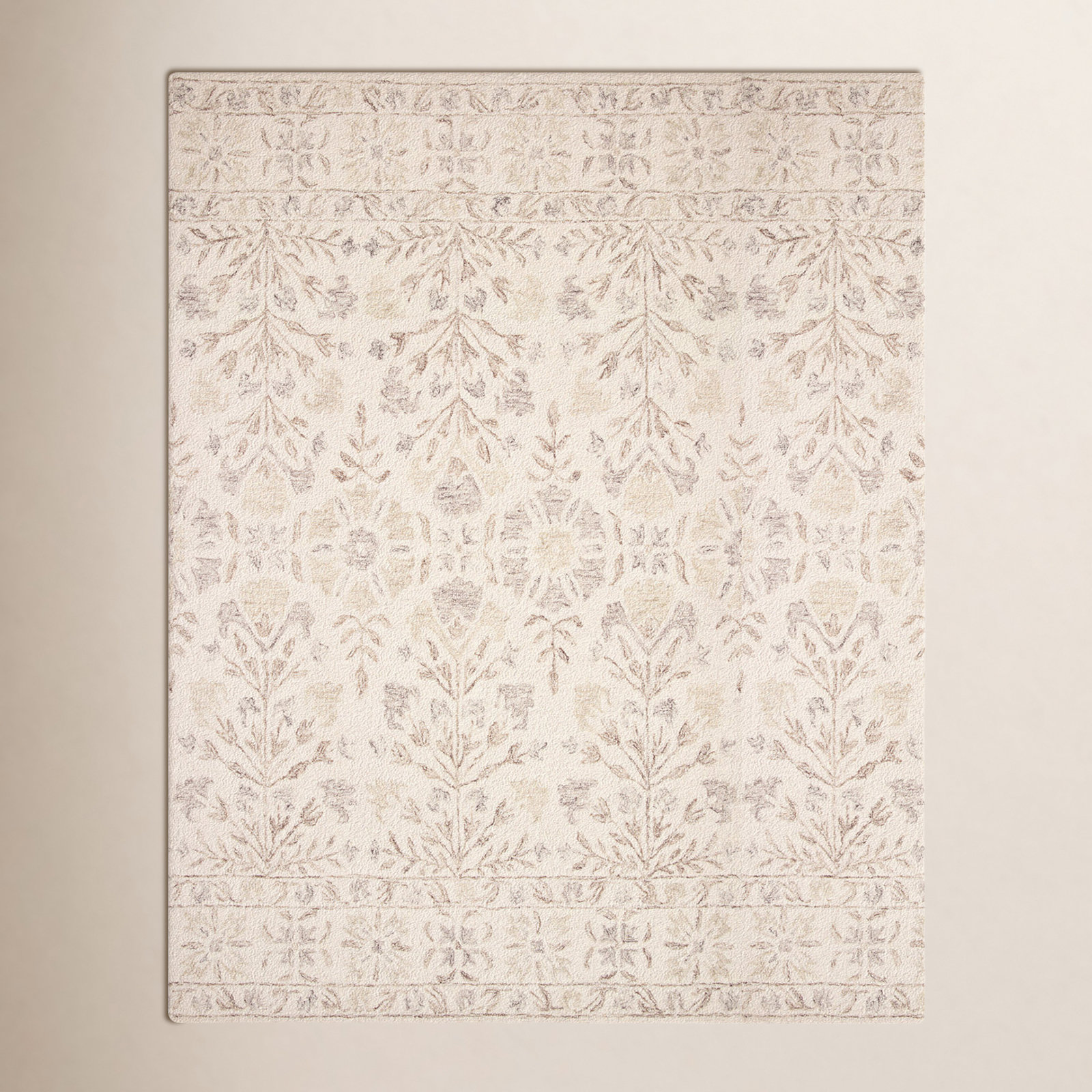 Aden Ivory Brown Hand-Hooked Wool Floral Rug, Rectangle 7'9" x 9'9"