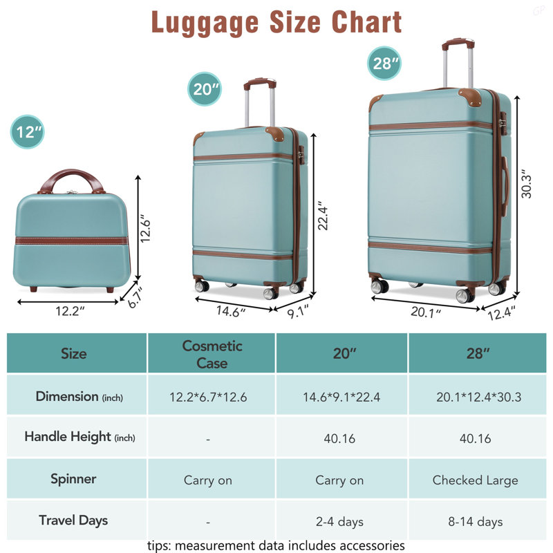 Valise à roulettes Hardshell 3 pièces 20 "+ 28" Valise avec serrure TSA, Vert, 30.25" H x 20.13" W x 12.43" D