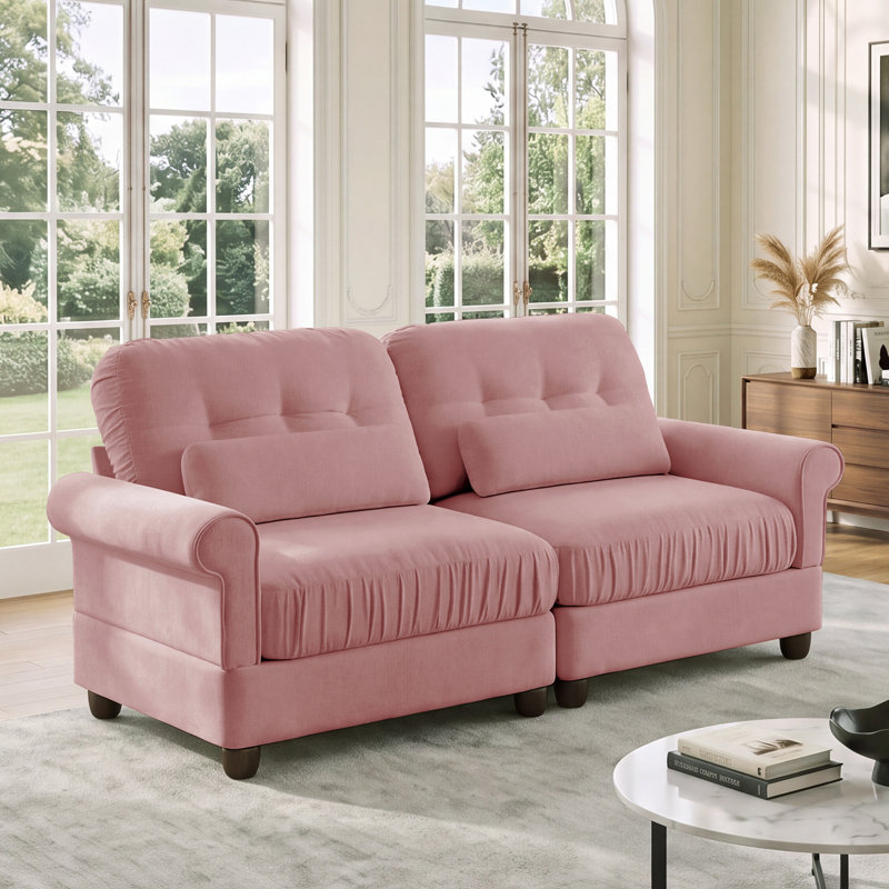 Canapé d'angle modulaire en chenille, coussin d'assise à bord froncé, accoudoirs arrondis et coussins de soutien lombaire
