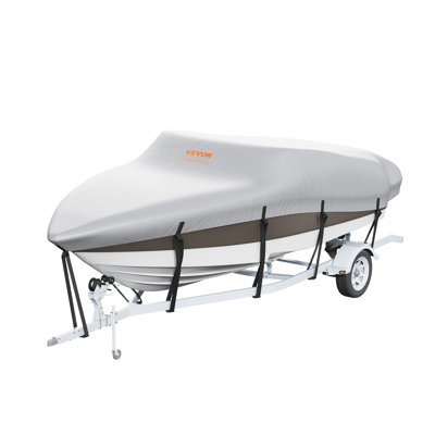 Boat Cover, Trailerable Waterproof Boat Cover, Marine Grade PU Oxford, with Motor Cover and Buckle Straps, for V-Hull, Tri-Hull, Fish Ski Boat, Runabout, Bass Boat, Grey