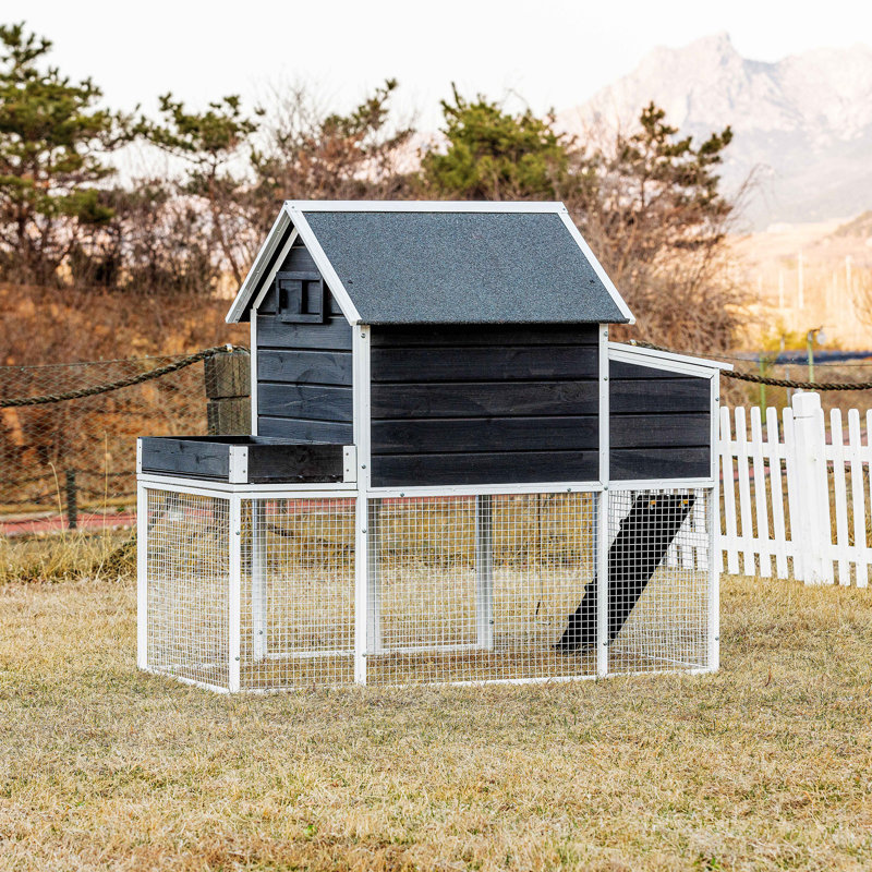 Exael Steel Frame Chicken Coop with Raised Bed Planter,  Black Panel/White Frame