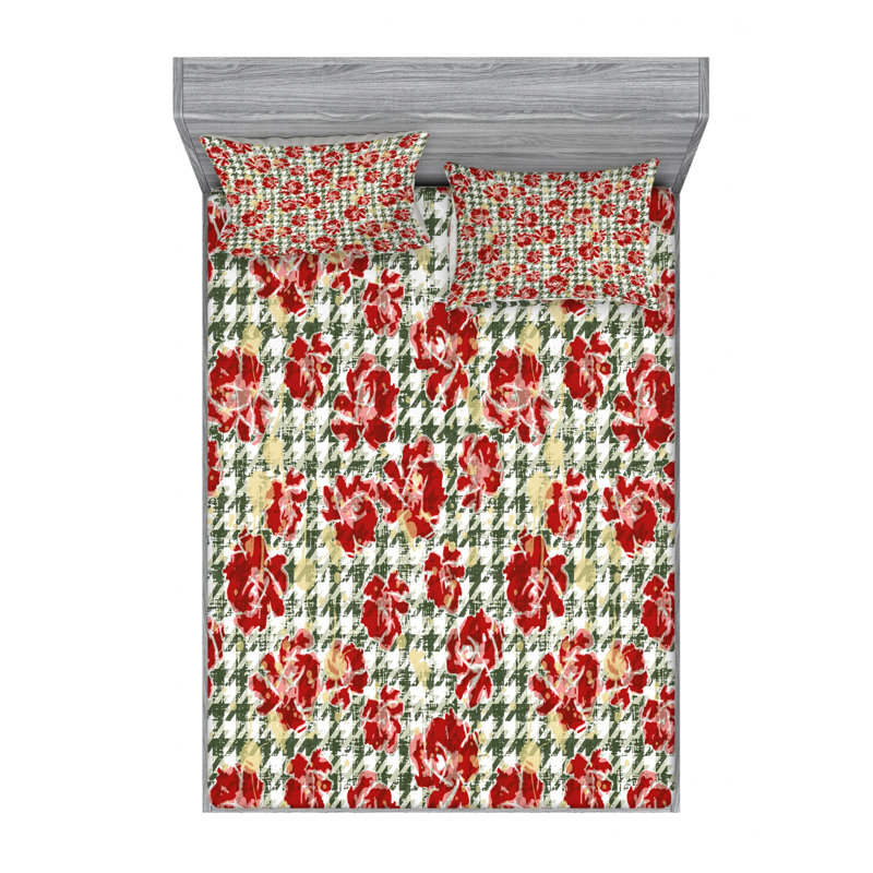 Microfiber Sheet Set, Red/Green Floral 2, Queen Sheet Set with 2 Pillowcases