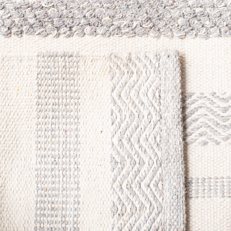 Tapis rayé ivoire / gris en coton tissé à plat à la main Adalia, Rectangle 8 pi x 10 pi