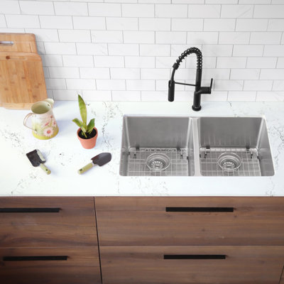 31 in. x 18 in. 16 Gauge, Stainless Steel, Brushed 50/50 Double Bowl Undermount or Drop-In Kitchen Sink with 2 Grids