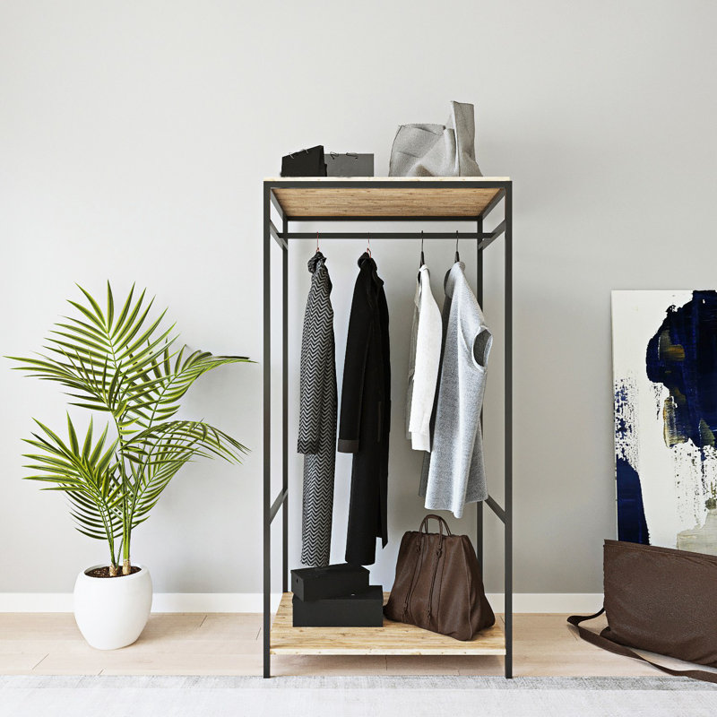 Armoire élégante avec pieds en métal thermolaqué électrostatique, finition chêne et noir, 39,4 x 66,9 x 15,7 pouces | Panneau de particules 100% enduit de mélamine, conception durable et moderne pour organiser les vêtements et les accessoires