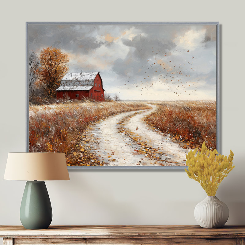 Doyal Windy Prairie Leaves Path To The Farm III - feuilles, art mural, Argent argent, H 30 po x l 40 po