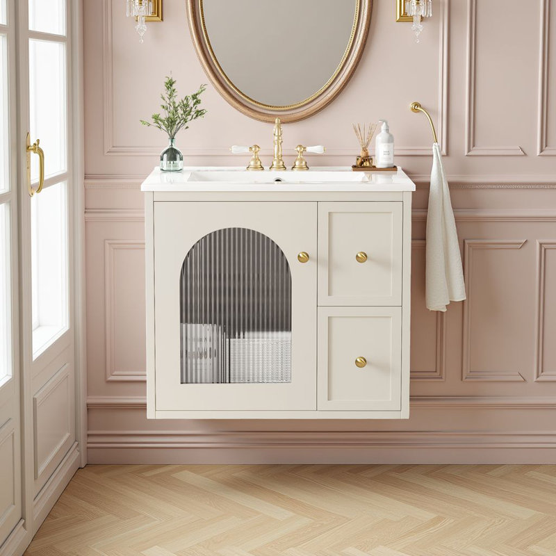 Tour de meuble-lavabo simple 24 po avec lavabo en céramique et armoire de rangement, 2 tiroirs et 1 porte à fermeture en douceur