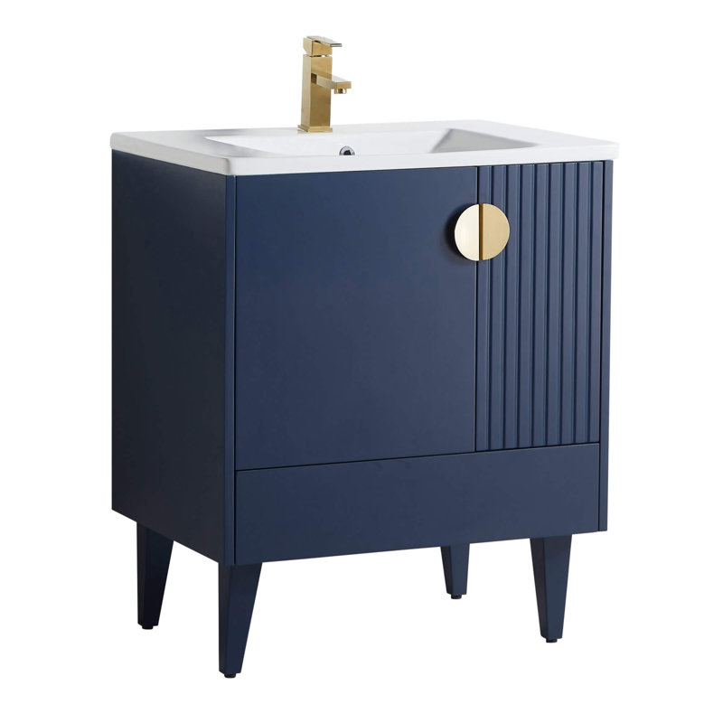 Ensemble de meuble-lavabo simple 30 po Saimah, Laiton satiné, Bleu marine