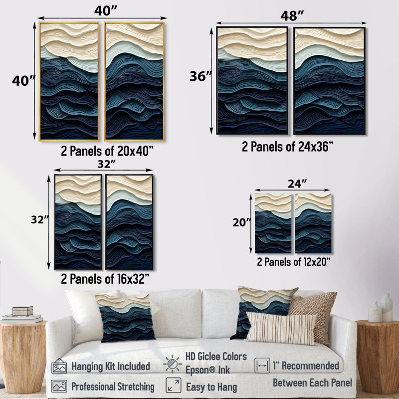 «Blue and White Coastal Waves Edge», art mural sur toile de grand minimalisme côtier 2 pièces (sans textures), Noir