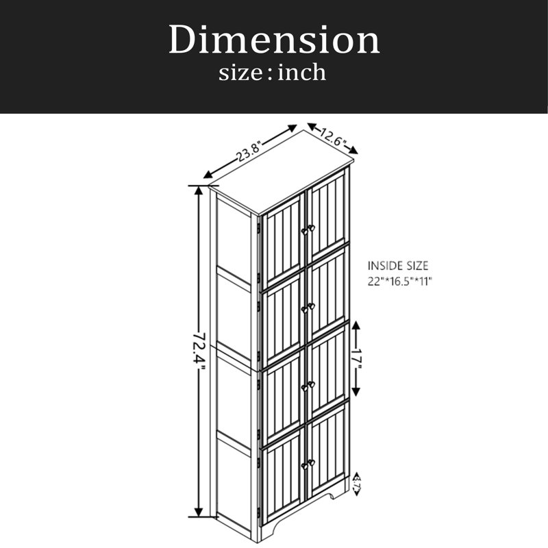 Armoire de rangement haute 72,4 "avec 8 portes et 4 tablettes, bibliothèque, salon, cuisine, salle à manger et armoire de rangement autoportante