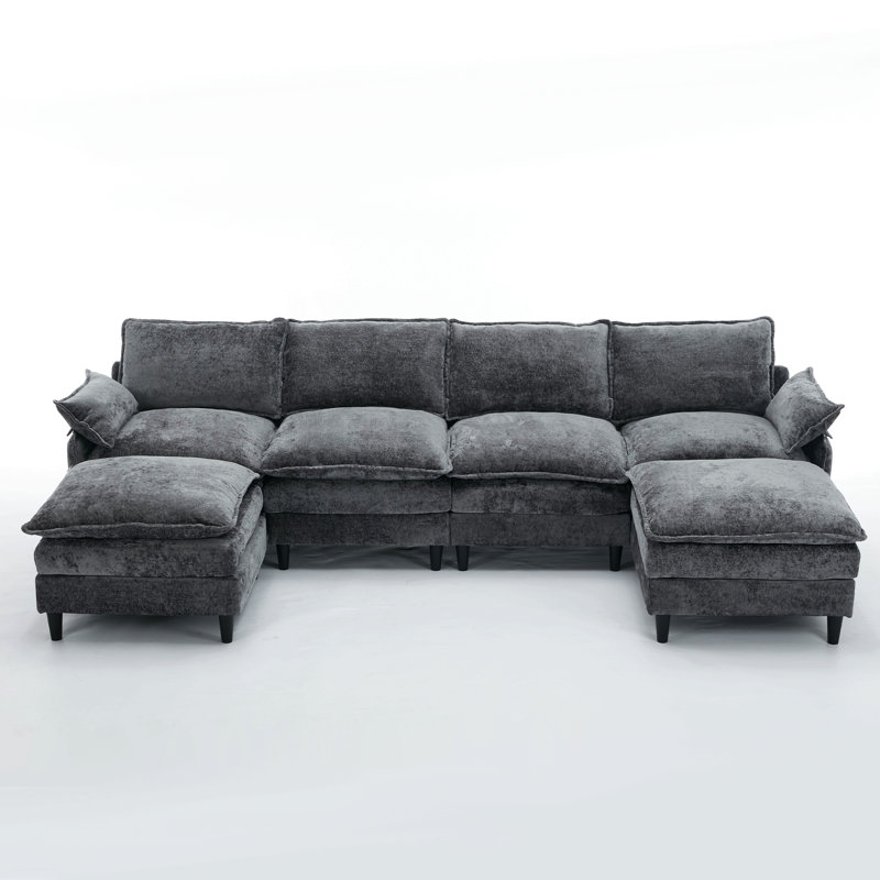 Modular Sofa,U Shaped Cloud Couch Comfy Set ,6-Seater, 2 Armrest Pillows,Convertible Sectional  Couch, Living Room,Apartment, Chenille(2 Movable Ottoman)
