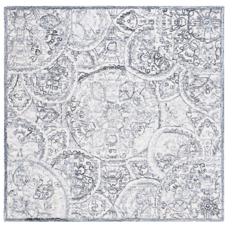 Tapis géométrique ivoire / gris en laine / coton touffeté à la main Bathilde, Carré 6 pi