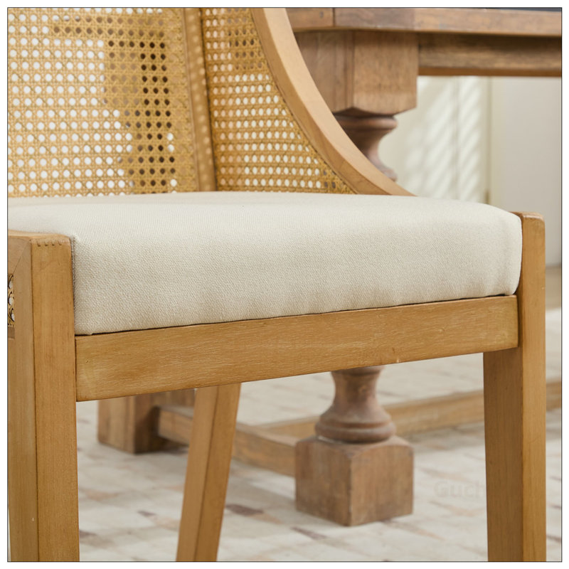 Dining Chair Solid Wood Frame with Decorative Armrests, Linen Upholstered Seat, Rustic Wooden Style for Various Rooms, Beige