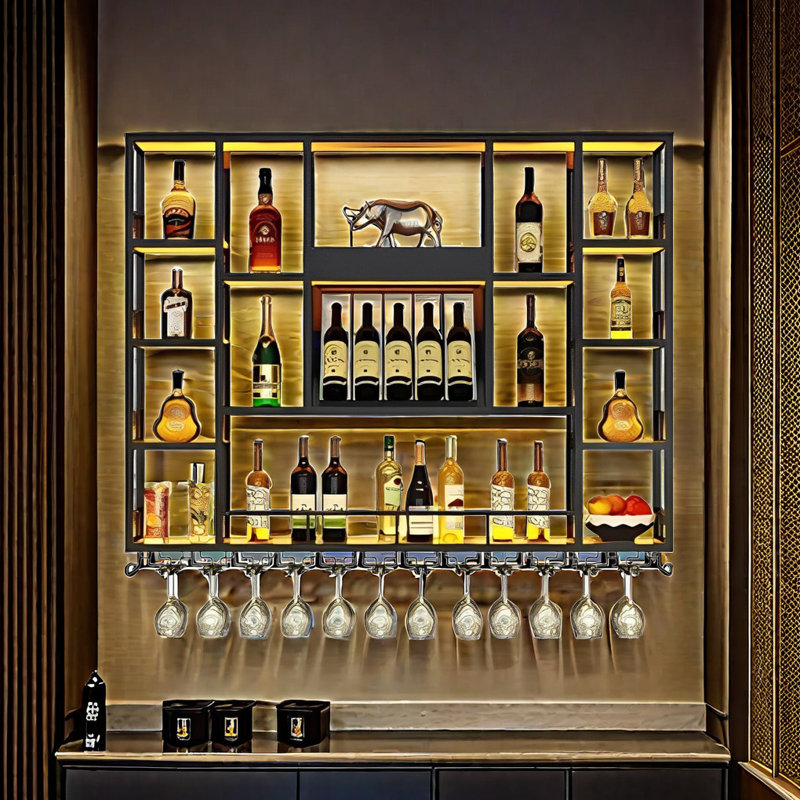 Support à vin mural laqué, H 47,2 po x l 62,9 po x P 7,8 po, Noir, noir, noir, noir