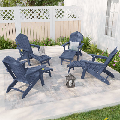 Chaise Adirondack toutes saisons en PEHD avec repose-pieds, foyer d'extérieur réglable à 3 positions et pliable avec porte-gobelet pour pelouse, terrasse et bord de piscine (ensemble de 4)