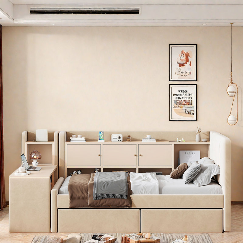 Upholstered Daybed With 2 Drawers, Storage Shelves, Flip Cabinets & Side Table, Vertical Striped Design, Beige