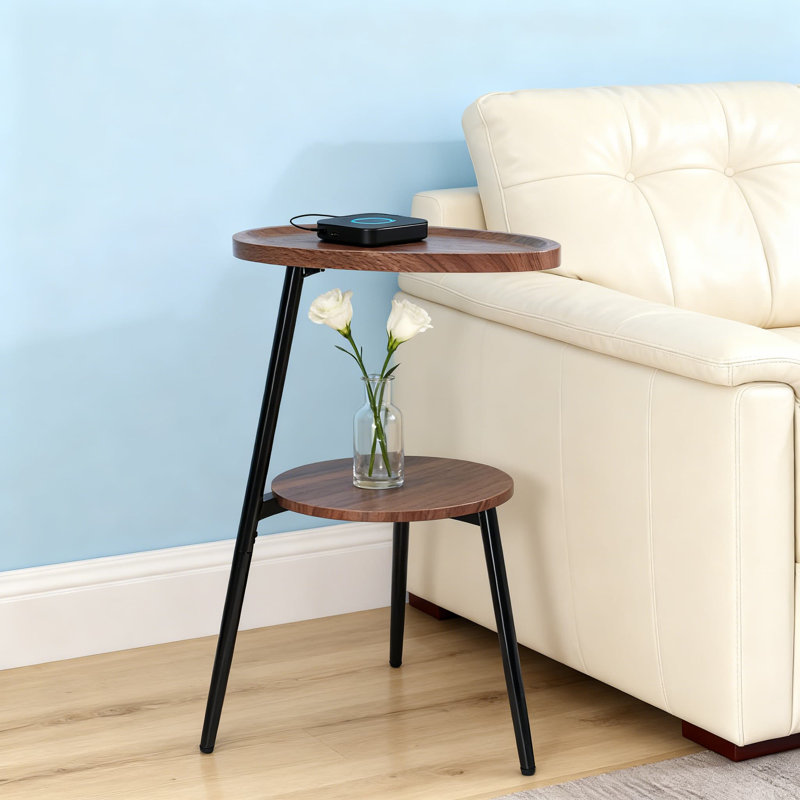 Table de bout à 2 niveaux avec structure en métal, petite table d'appoint ovale pour le salon et la chambre à coucher, table d'appoint avec tablette ouverte pour les petits espaces