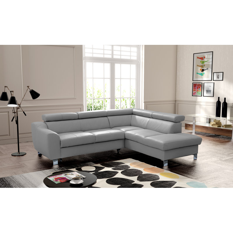 Aribel Faux Leather Corner Sofa with Sleeping Function and Storage Box with Adjustable Headrests , Right Hand Facing, Grey