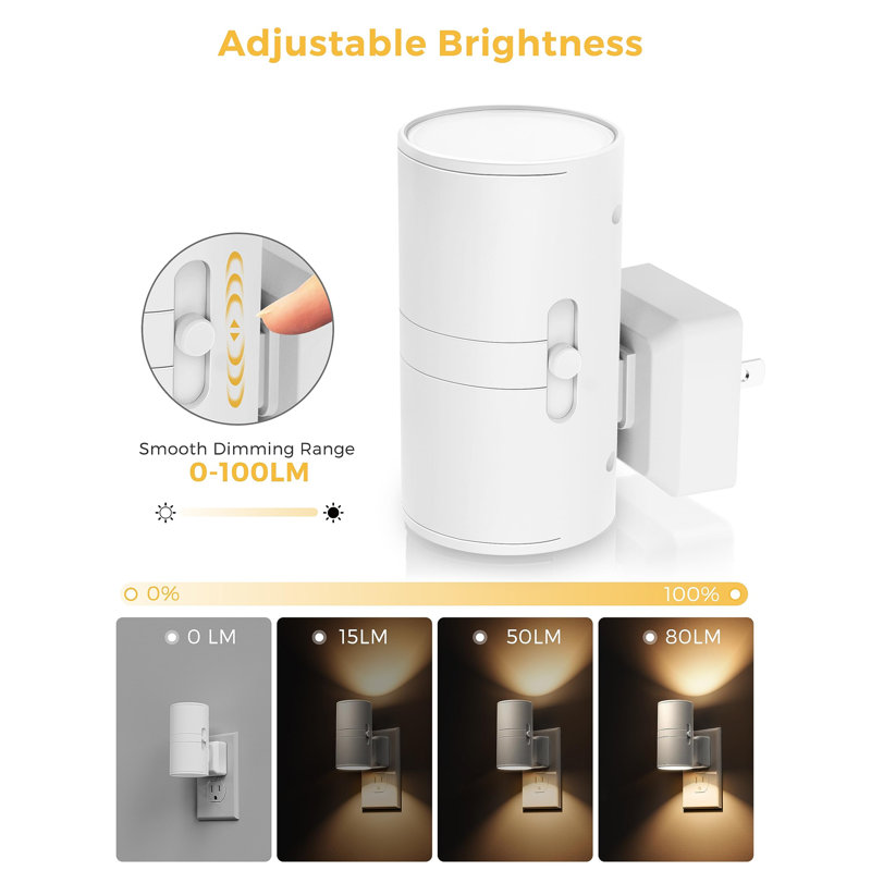 Modern Plug-In Wall-Mounted Dimmable Night Light With Light Sensor, 2-Pack, Soft White 3000K