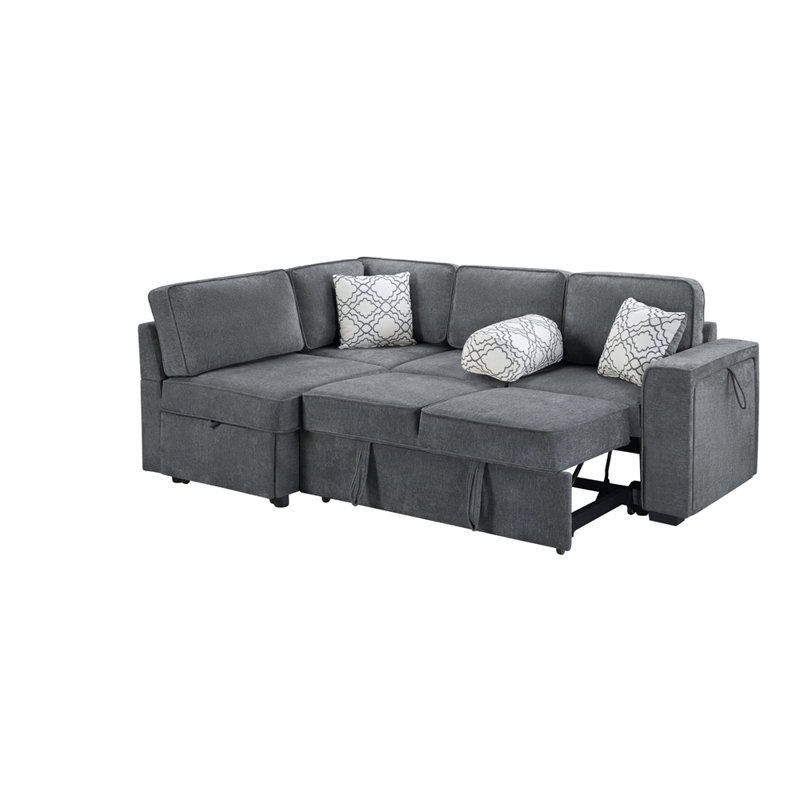 Canapé-lit modulaire convertible contemporain en L de L 83,9 po avec couchettes coulissantes doubles, table rabattable, ports USB, porte-gobelet et rangement
