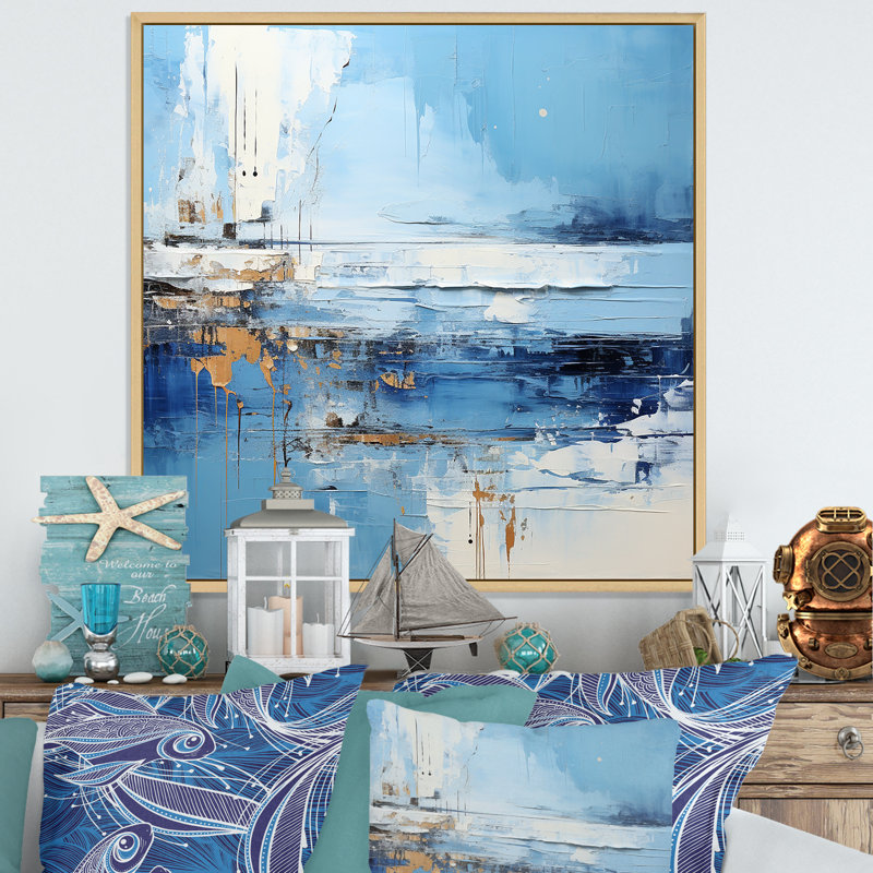 «Blue and Beige Tranquility Beach III - Coastal Minimalisme», art mural, Cadre flottant brun, H 16 po x l 16 po x P 1 po