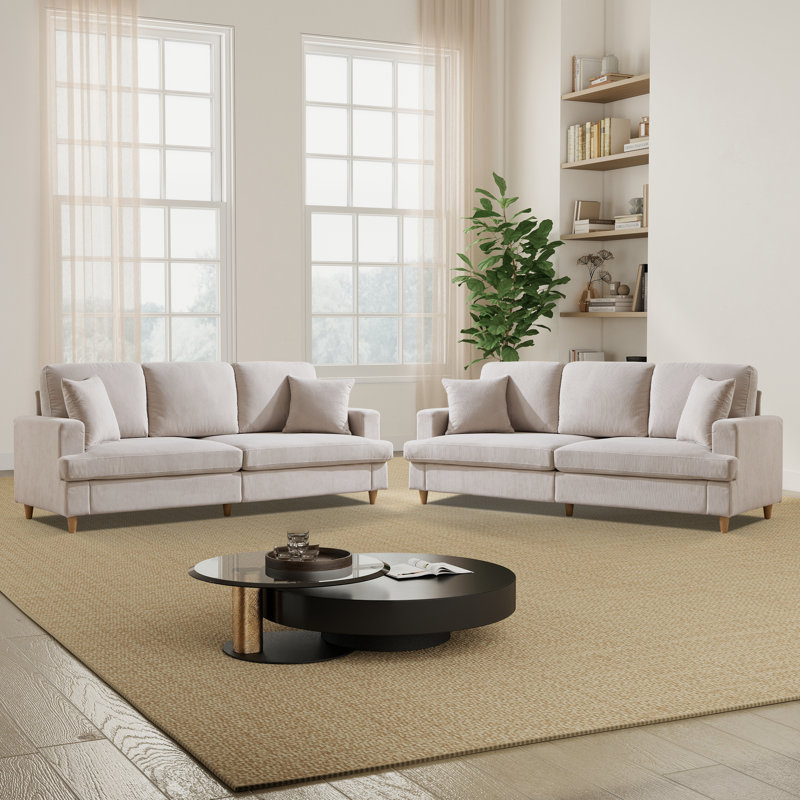 87'' Wide Upholstered Corduroy Sofa, Modern 3-Seater Couch with Recessed Arm (Set of 2), Green