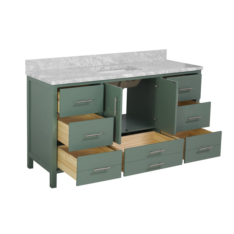 Ensemble de meuble-lavabo simple 60 po Kiara, Vert sauge, Marbre de Carrare