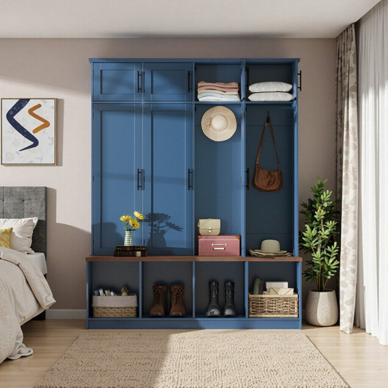 Elegant Farmhouse Hall Tree with Walnut Bench – Ultimate Storage and Style for Your Home Entryway, Blue