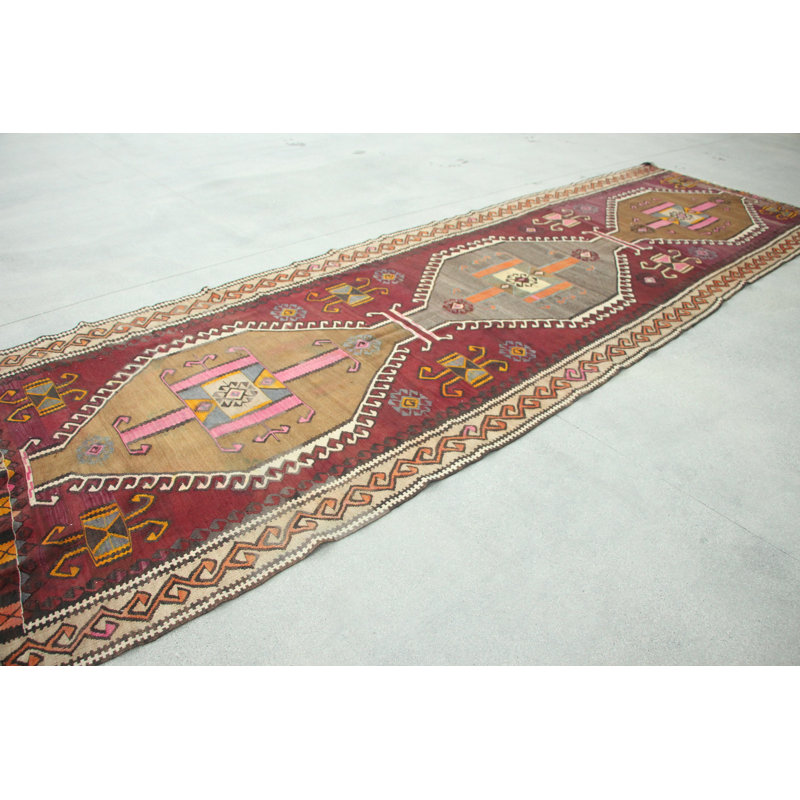 Tapis de style kilim turc antique touffeté à la main avec un motif arc-en-ciel brillant, idéal pour les escaliers et les couloirs de bureau