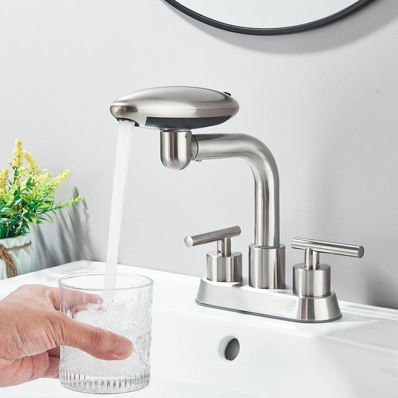 Robinet de lavabo pour salle de bain en nickel brossé, robinet à cascade 4 modes 4 pouces, 2 poignées avec bec pivotant à 360 ° et bonde escamotable