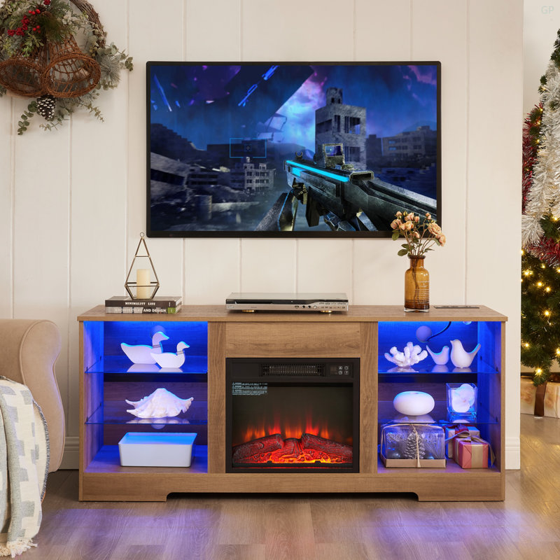 Modern 58" Electric Fireplace Tv Stand With Led Lights, Glass Shelves & Usb Charging Ports, Entertainment Center For Tvs Up To 65"
