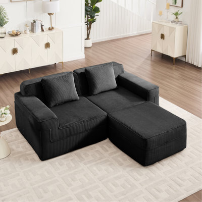 Canapé modulaire modulaire en L à 2 places sans os, canapé modulaire Cloud avec assise profonde, canapé modulaire moderne à 2 places avec coussins décoratifs et 1 repose-pieds mobile, tissu velours côtelé noir