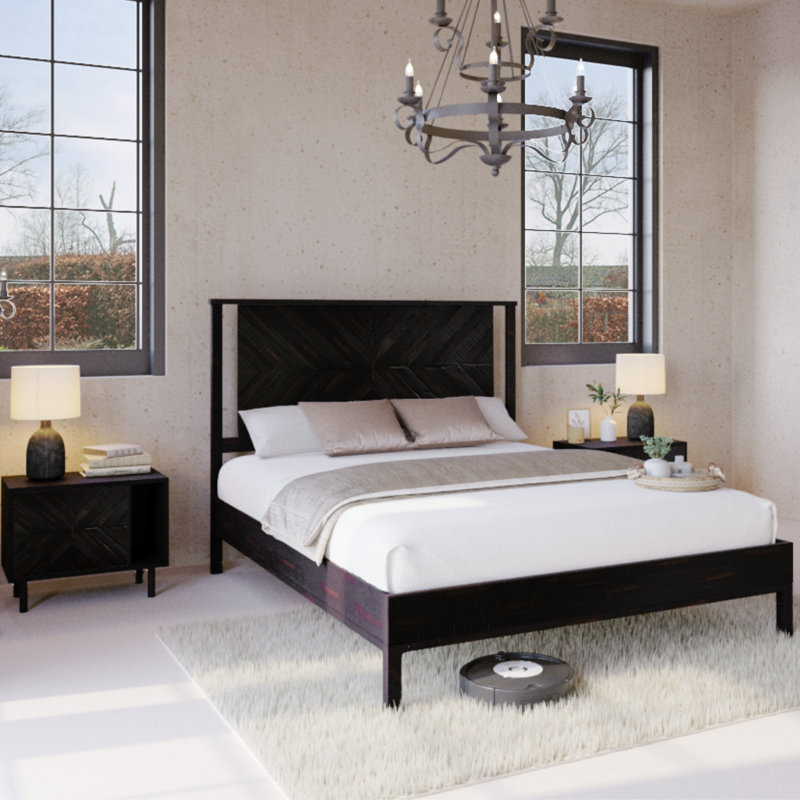 Vivian Solid Wood Bed with Headboard, Rustic Black Wood Bed Frame, Queen