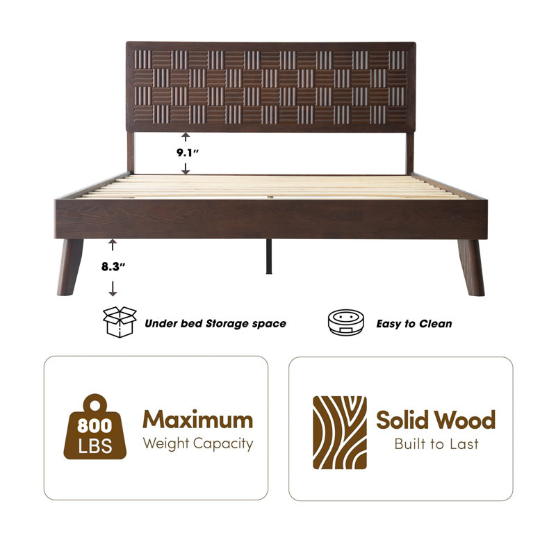 Queen Size Platform Bed Frame with Headboard & Footboard, Central Metal Legs, 12 Slatted Base, No Box Spring Needed, Anti-Slip & Noise-Free, Easy Assembly, Dark Roast Oak Finish