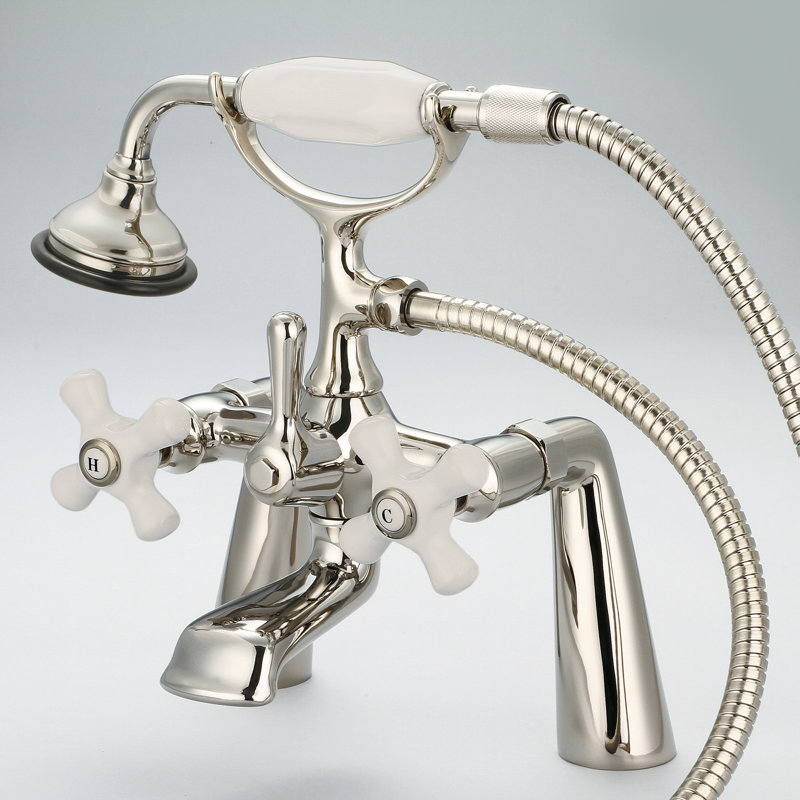 Stonington 3 Handle Deck Clawfoot Tub Faucet, Porcelain Cross Handles, Polished Nickel