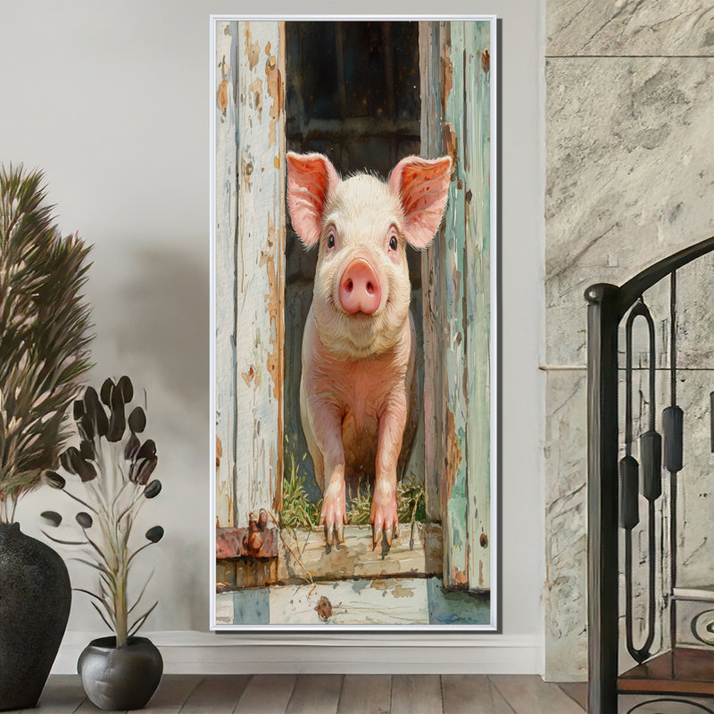 «Groner Farm Pig Portrait Of Happiness II», art mural cochon, H 60 po x l 28 po, Reproduction avec cadre flottant, Blanc