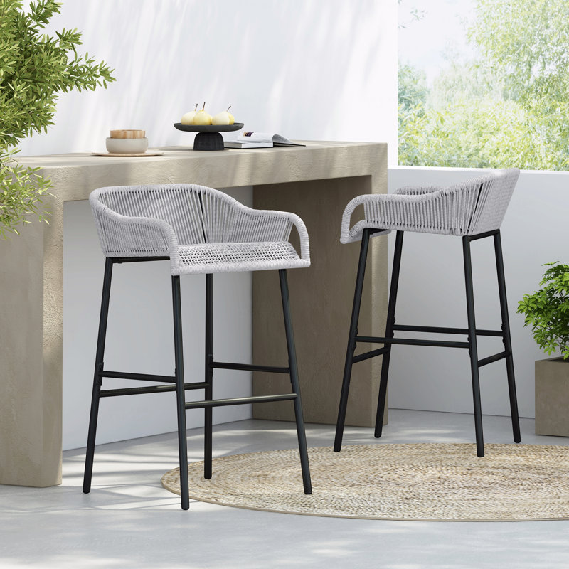 Set Of 2 Outdoor Patio Barstool, Light Gray Rope, Light Gray