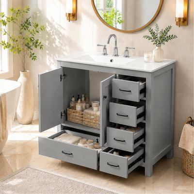 Meuble-lavabo 36 po avec lavabo en céramique 36 po, armoire de rangement abondante, 2 portes à fermeture douce et 5 tiroirs