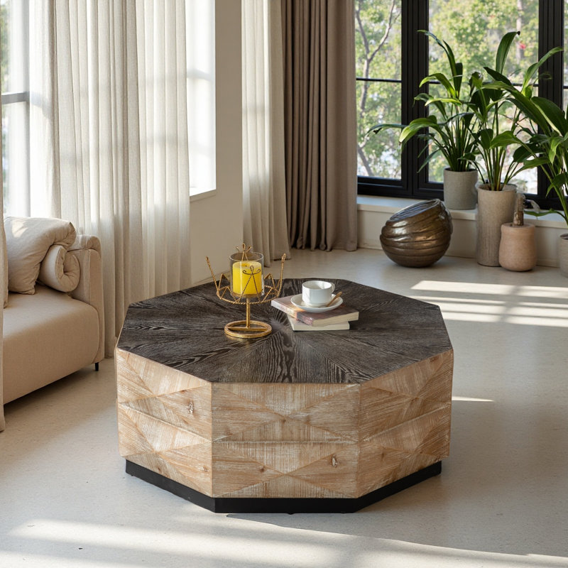 Table basse octogonale, table centrale en bois de style rétro 38 po avec motif en relief tridimensionnel