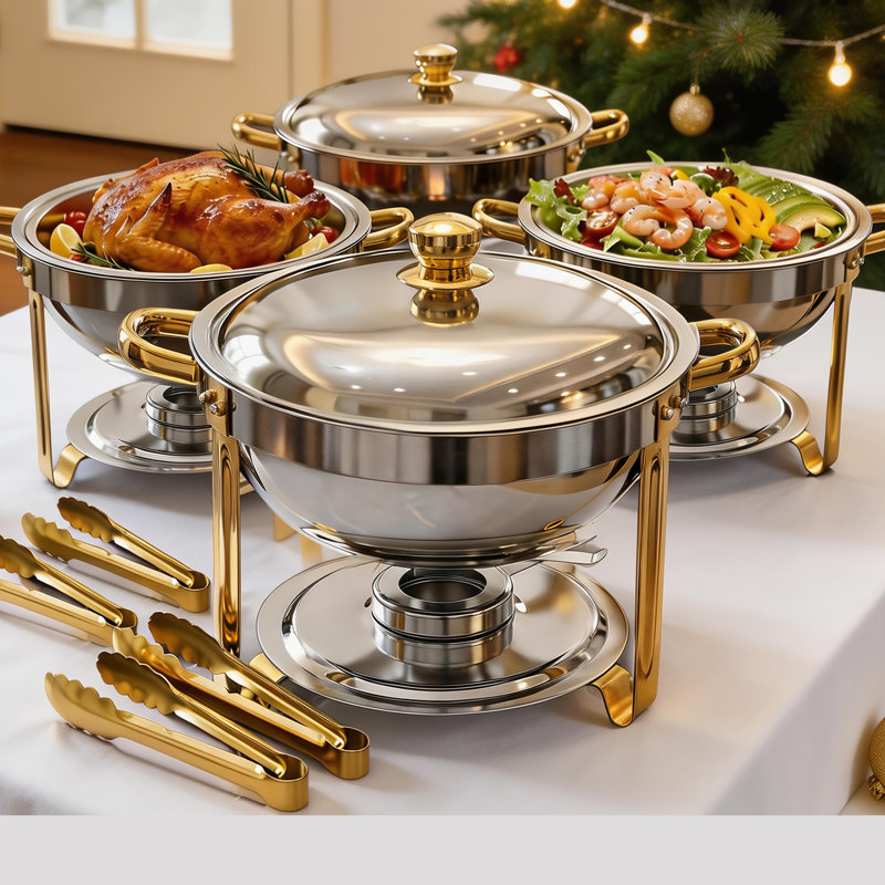 Plats de réchaud ronds pour ensemble de 4 buffets, ensembles de réchaud 6QT et réchauds à buffet avec 4 pinces, réchauds dorés pour les rassemblements de fêtes