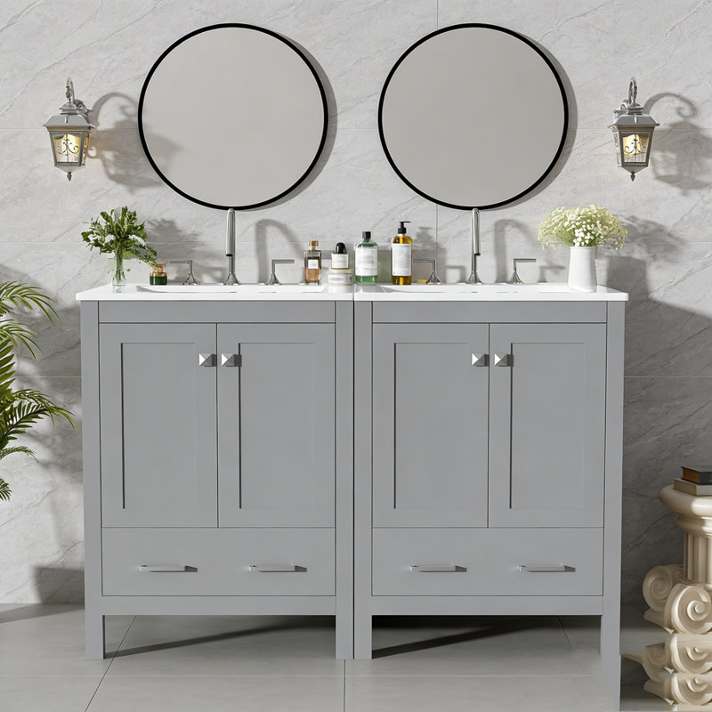 Meuble-lavabo de salle de bain avec lavabo encastré intégré avec tiroir divisé et tablette de porte à double couche, Gris