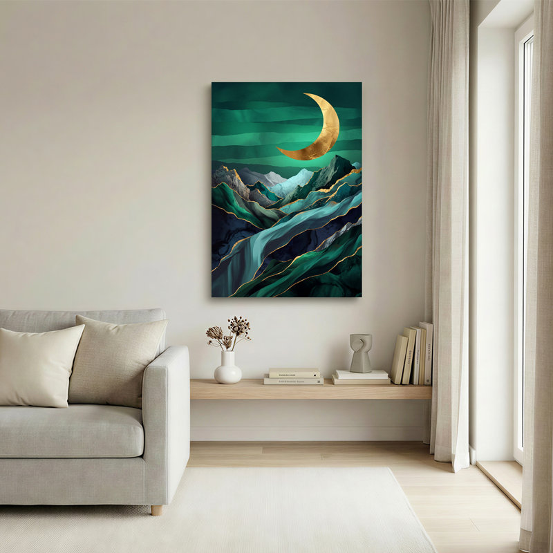 Art mural sur toile Gold Crescent Moon Over Teal, 18"H x 12"W