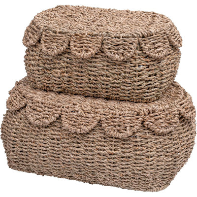 Paniers de rangement en osier ronds à la main avec couvercles, boîtes décoratives en rotin, panier en osier de mer tissé avec couvercles, panier en osier festonné avec couvercle, ensemble de 2