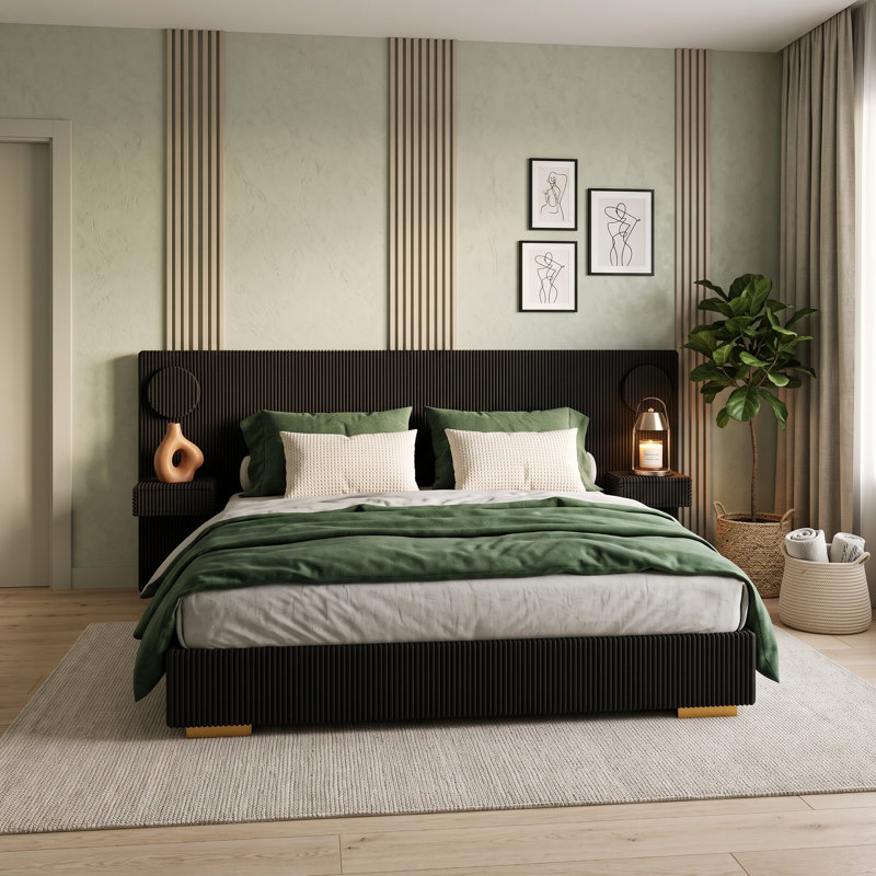 Lit plateforme tapissier avec lumières DEL, ports USB et tiroirs de rangement, Grand lit, Noir