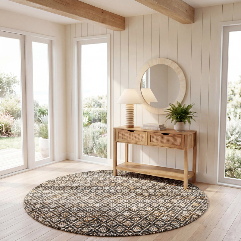 Tapis en laine / coton tissé à la main Natura en noir / jaune / ivoire, Rond 6 pi