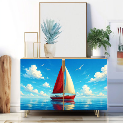 Narrow 35.4'' Wide Sideboard Buffet Cabinet - 2-Door Accent Storage Cabinet With Red Sailboat Calm Ocean Seagulls Blue Sky Print And Metal Legs